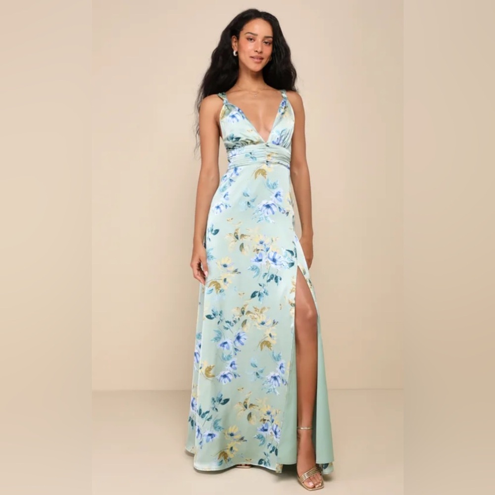 Convincing Elegance Sage Green Floral Satin A-Line Maxi Dress